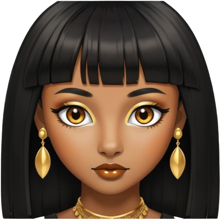 brownskin girl, fox eyes, black straight hair with bangs above eyebrowns, golden accessories emoji