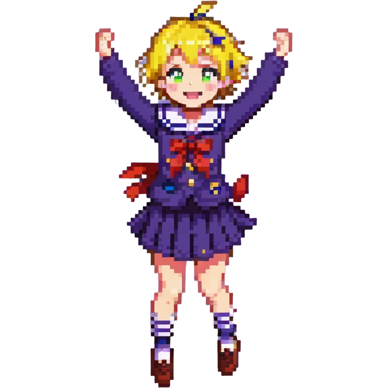 Pixel art anime girl with short bright yellow hair wearing Japanese sailor style school uniform, jumping excitedly with arms raised high, big smile and sparkling happy eyes emoji