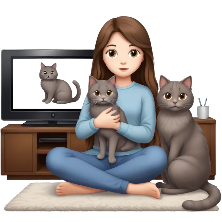 Generate a full-body picture of a beautiful girl with long hair holding a cat and watching TV emoji