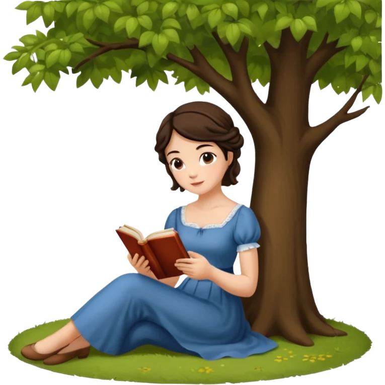 Jane Austen inspired brunette character reading a book outdoors, sitting under a tree emoji