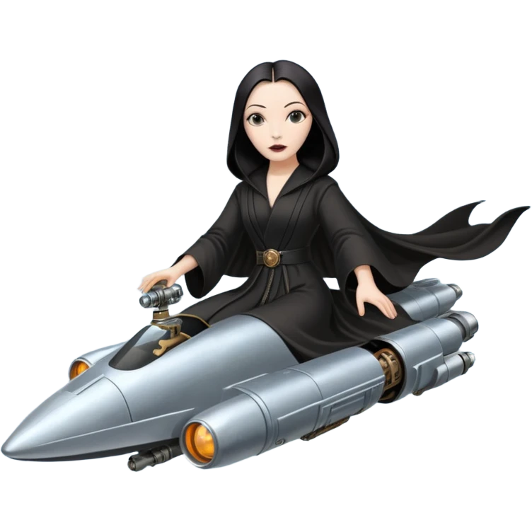 Jedi teen Morticia Addams flying a chrome accented Jumpspeeder anti-gravity repulsorlift powered by an imperial speeder steampunk  emoji