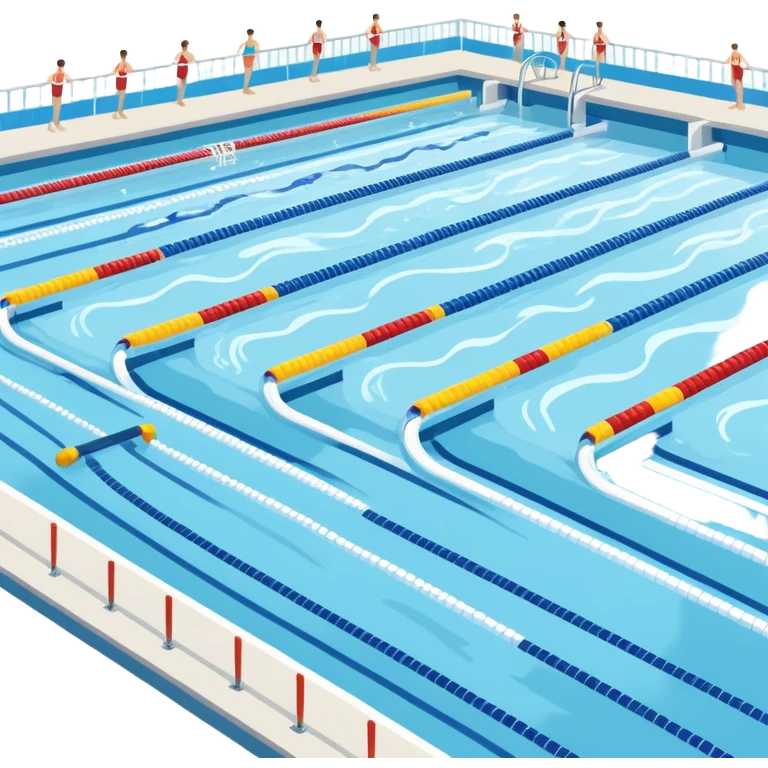 An icon featuring an Olympic swimming pool with multiple lanes and swimmers racing side by side. Splashes and lane dividers highlight the competition atmosphere. Transparent background emphasizes the energy, speed, and intensity of professional swimming events. emoji