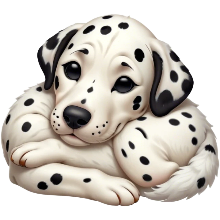 Meme-Worthy Cute Sleeping Spotted Dalmatian Portrait Emoji, Head resting peacefully with a contented smile, showcasing a delightfully majestic build and a luxuriously soft Fur of predominantly white with bold black patches, eyes shut in a serene nap, Simplified yet hilariously adorable features, highly detailed, glowing with a soft, drowsy light, high shine, relaxed and utterly lovable, stylized with an air of playful laziness, bright and heartwarming, soft glowing outline, capturing the essence of a comically sleepy guardian, so meme-worthy it feels like it could instantly become the next viral sensation of adorable slumber! emoji