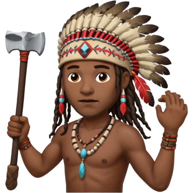 Black American man dark brown with dreads with a American Indian headdress throwing a axe emoji