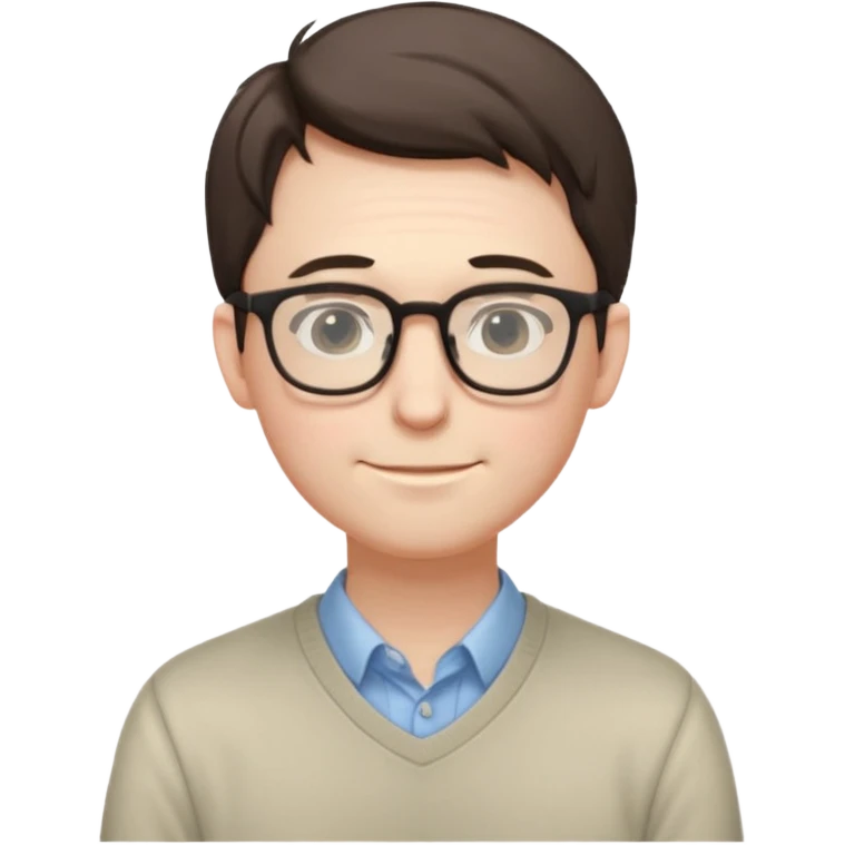 Timid adult male, pale skin, slim, soft features, glasses, slightly hunched posture, shy smile, casual nerdy clothes, small subtle blush, readable at small size, distinct from all other roles emoji
