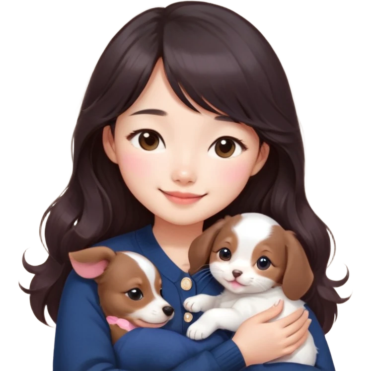 Cute asain girl with a cute smile, long dark brown wavy hair, straight bangs covering forehead, pink blushy cheeks. Wearing a cute navy blue cardigan,. Cuddling a white kitten and dashund puppy  emoji