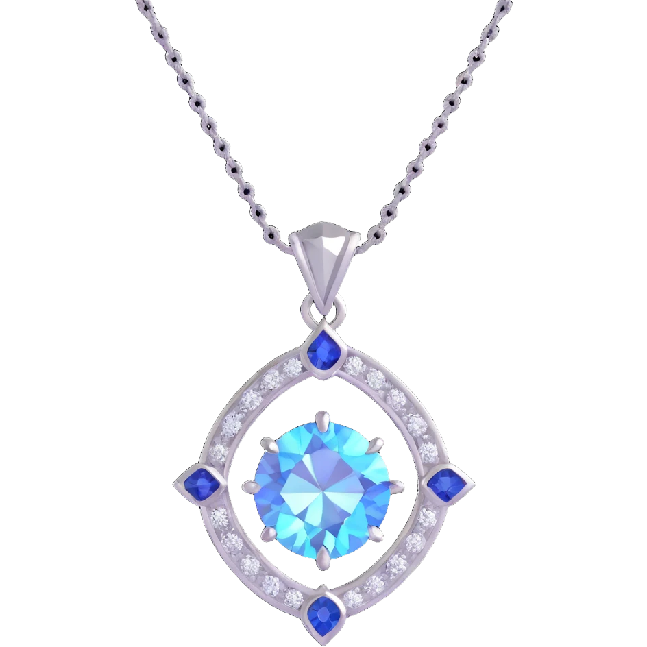 Y2K style silver pendant with a round cut white diamond featuring a holographic effect, small blue sapphire accent, iridescent and pastel details, playful shapes emoji