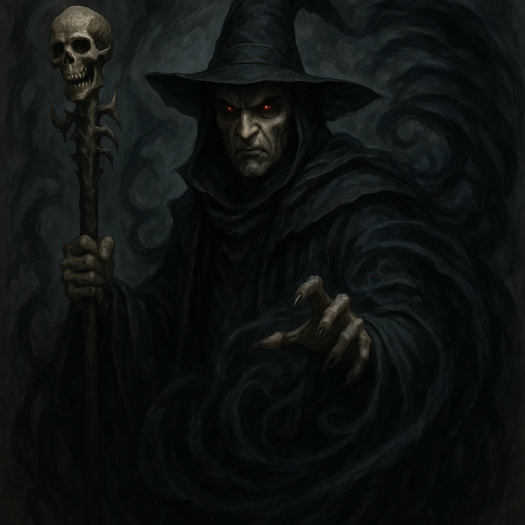dark wizard, skeletal staff, swirling dark magic, menacing look emoji