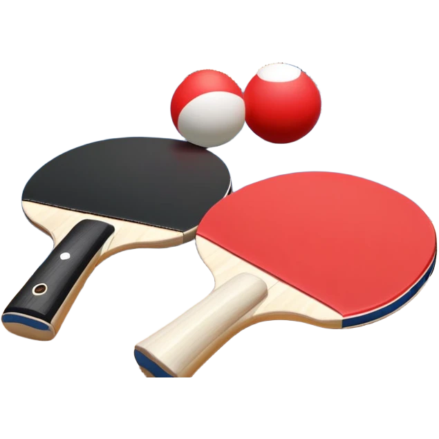 Two table tennis paddles and a ball placed on a ping pong table, with the net in the background. The scene conveys the simplicity and focus of the sport, with vibrant colors highlighting the rackets and ball on the smooth surface of the table. emoji
