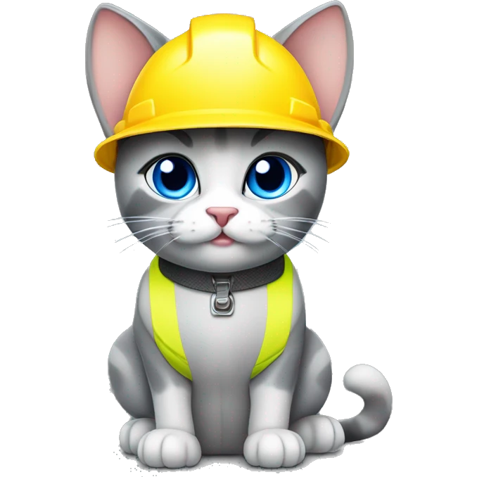 stray gray-cat blue eyes with yellow construction helmet and vest tools, transparent background emoji