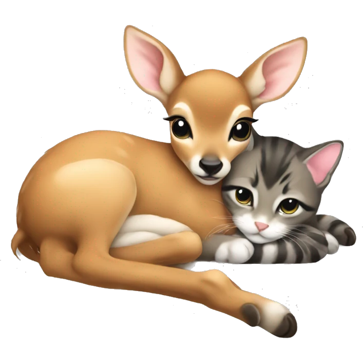 Fawn and kitten laying down curled up together emoji