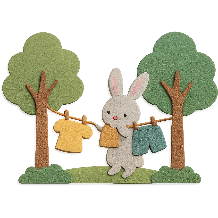 bunny hanging laundry between trees, calming domestic forest feel emoji