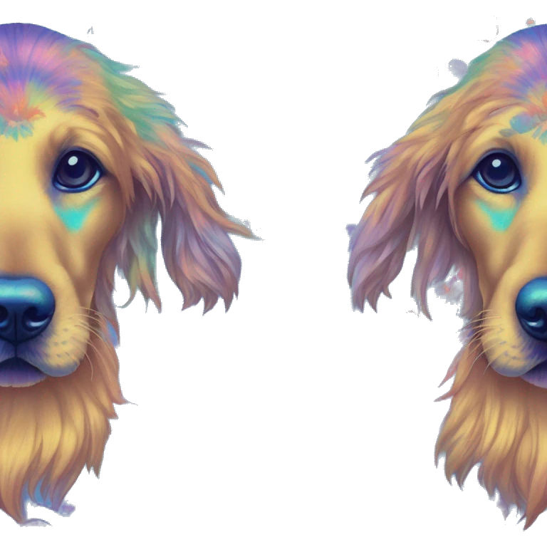 Multicolored rainbow retro groovy tie dye hippie trippy floral patterns on a metallic holographic iridescent blue dog face head unicorn emoji