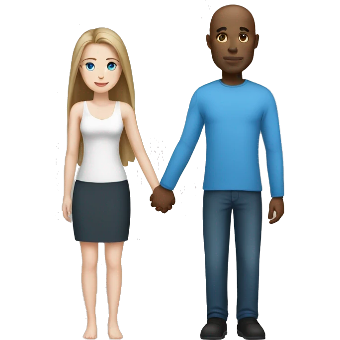 Bald black man holding hands with a white woman with long dark hair and blue eyes emoji