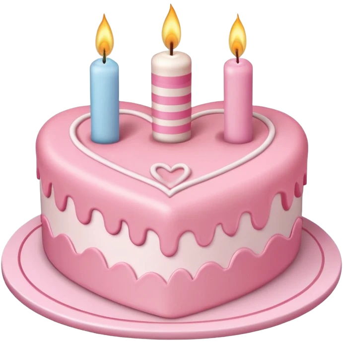 heart shaped birthday cake, pastel pink color, with one candle, cute design emoji