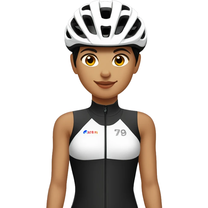 Ciclista MUJER de piel morena clara de contextura delgada estatura alta con zapatillas de ruta blancas licras negras y maillot blanco casco blanco emoji