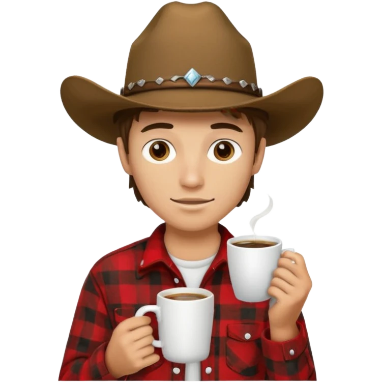 generate an ios genmoji of a 20 year old tan boy with a cowboy hat and side burns. Wearing a flannel and carrying a coffee mug emoji