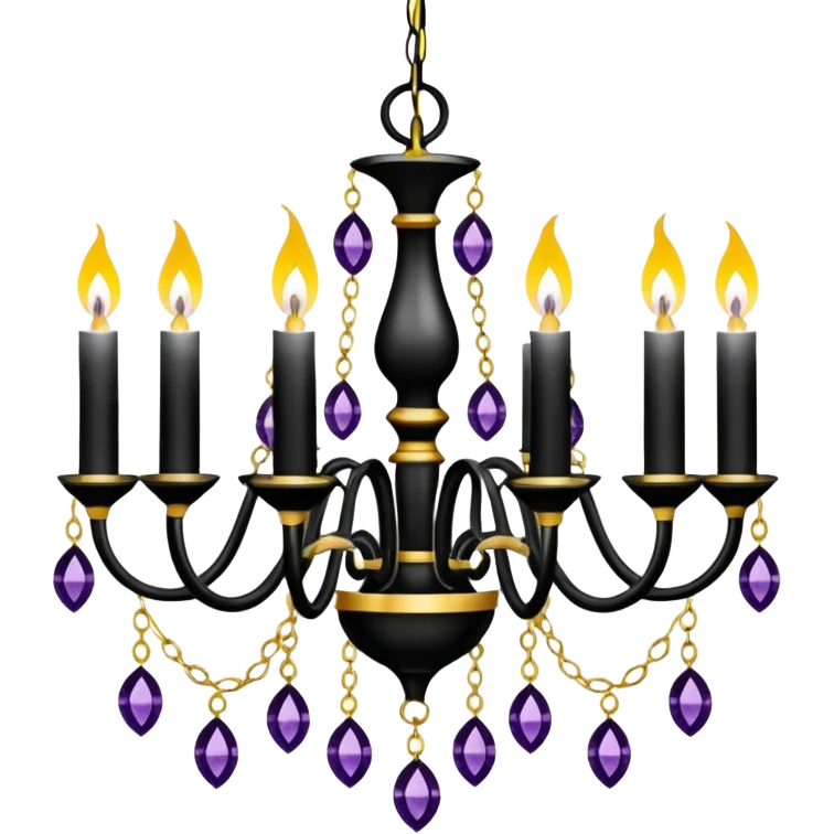 Luxurious black and white chandelier with gold and amethyst crystals, fake electric candles emoji