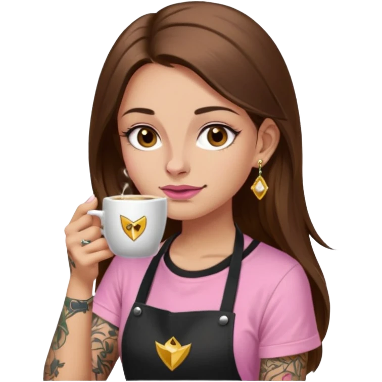 Fille cheveux long châtain, peau beige type européen yeux marron, teeshirt rose avec un tablier noir, piercing au nez anneau doré, boucle d’oreille diamant doré. Elle boit un café Tatouage à la gorge emoji