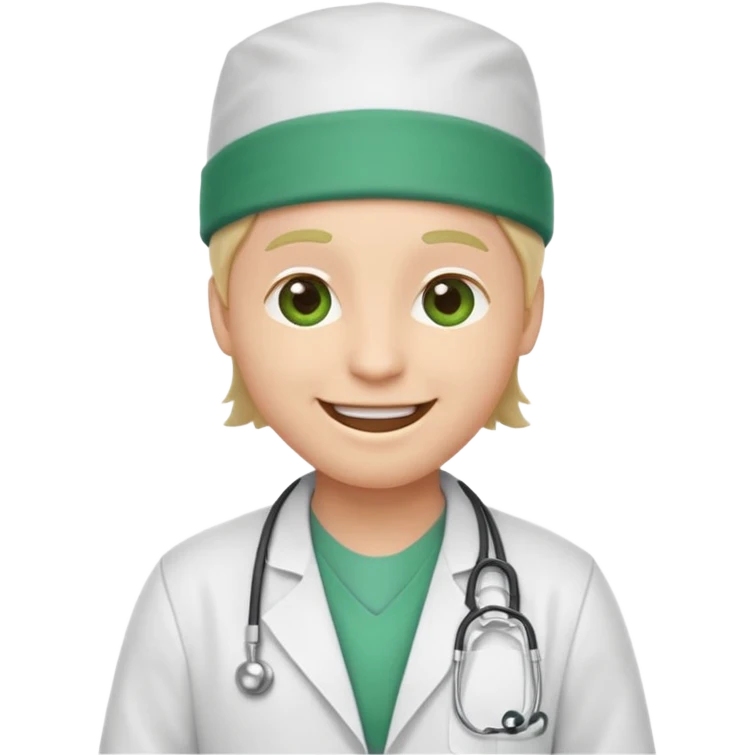 iPhone emoji style big smiling face, over-the-top grin, dressed as a doctor with a white lab coat and green surgical cap emoji
