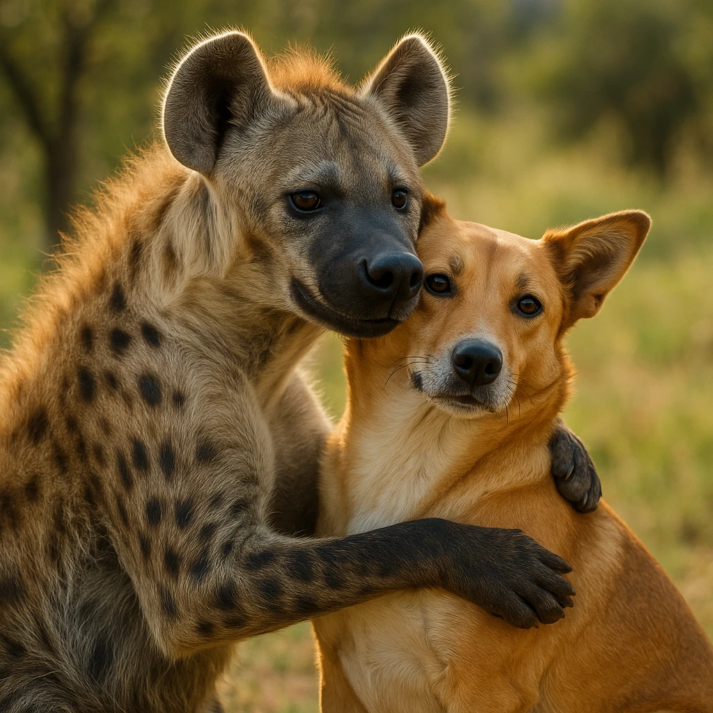 photorealistic hyena hugging a dog with natural background emoji