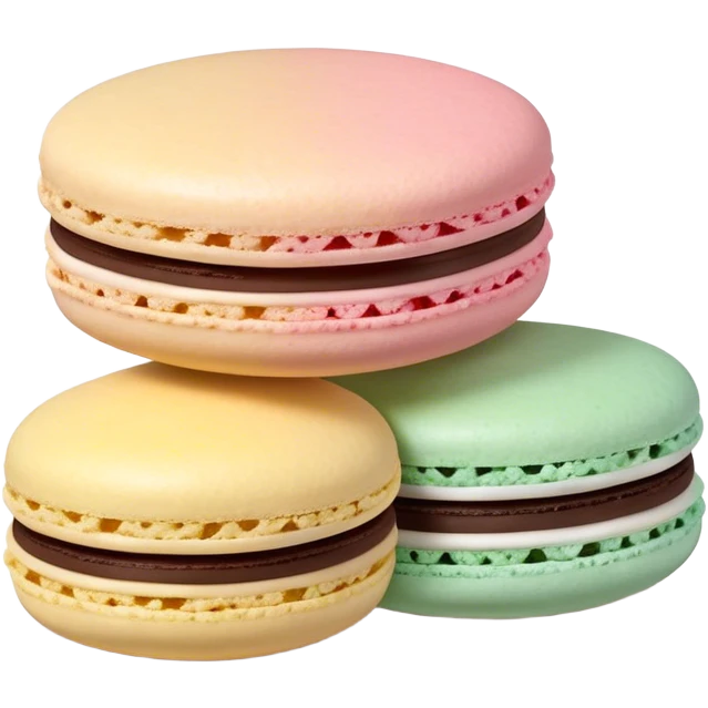 Cinematic Realistic Macaroon Dessert Emoji, showcasing colorful, delicate meringue-based cookies with a crisp exterior rendered with vibrant textures and playful, soft lighting. emoji
