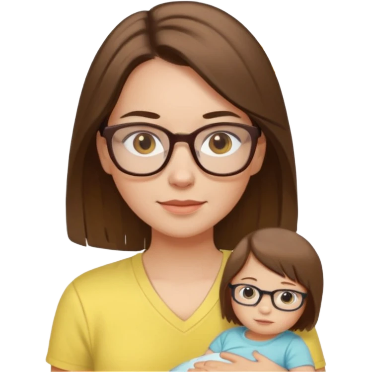 Hawaii female with white skin. Shoulder length straight brown hair. Brown eyes with glasses. Female wearing baby yellow shirt. emoji