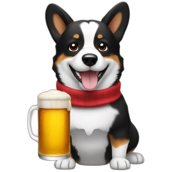 Black corgi lifting a big beer emoji