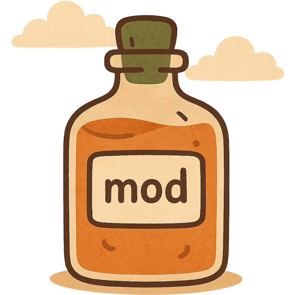 elixir bottle with a label showing the text 'mod', bright colors, modern style emoji