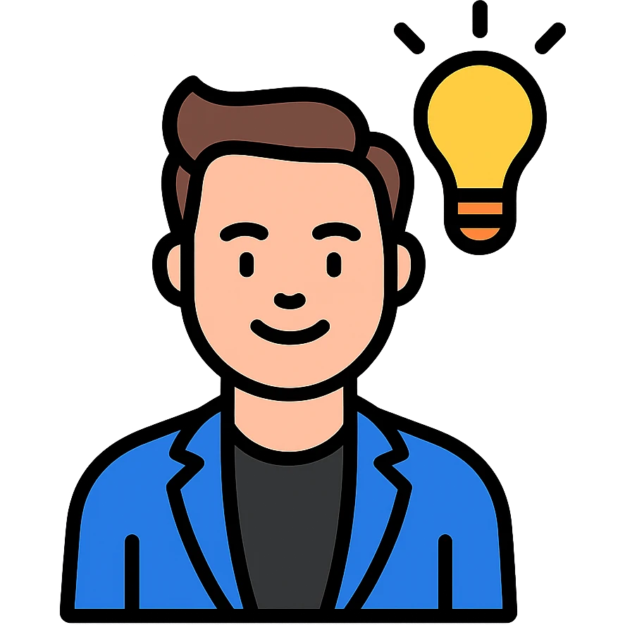 Elon Musk with a lightbulb above his head, symbolizing innovation, modern icon style emoji