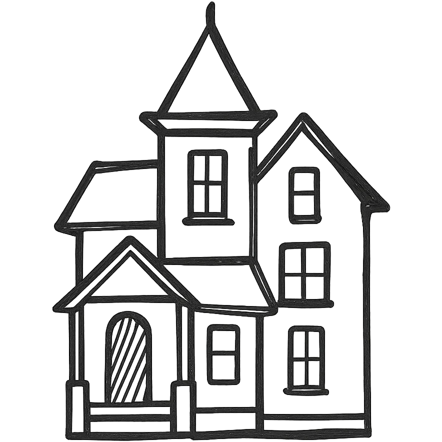 a victorian house, hand-drawn black outline, minimal shading emoji