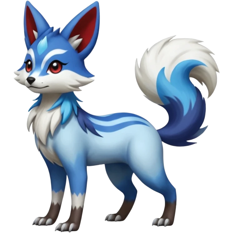 Blue, indigo, white, black Hyper-realistic Colorful Skilled Adept Graceful Asian Painted Meloetta-Furret-Lycanroc-Zangoose-fusion-hybrid-creature (full body) emoji