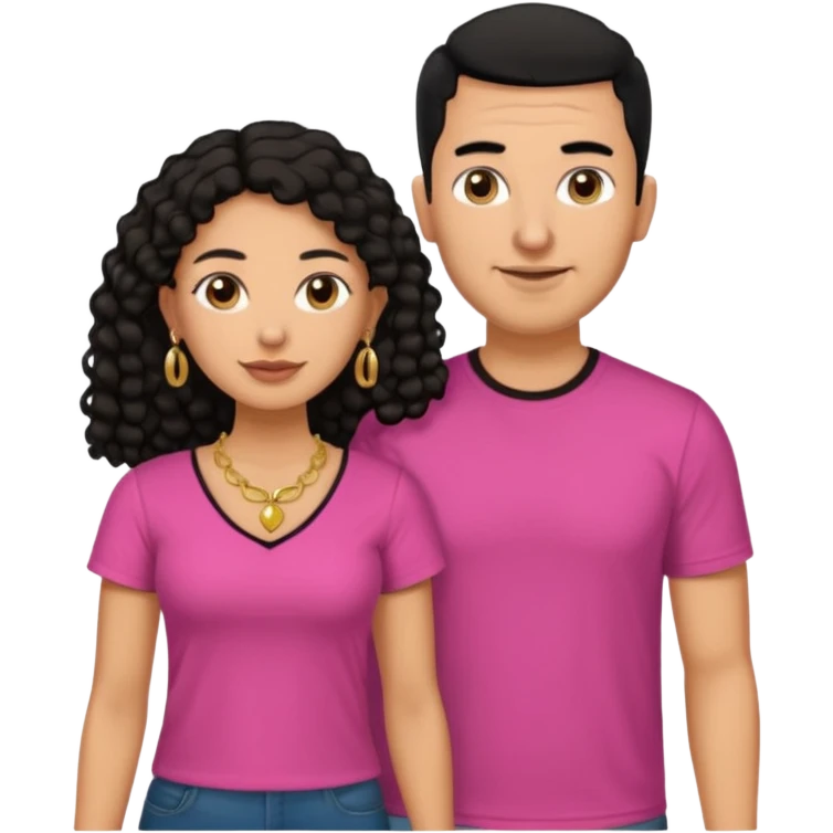 A picture if a couple. the man is a Mexican man with tanned skin, black hair, a bald hair cut, short boxed beard, and with a black t-shirt on. the woman is mixed with black and white, with brown curly long hair, gold earrings, a gold necklace and a pink shirt on and big boobs emoji