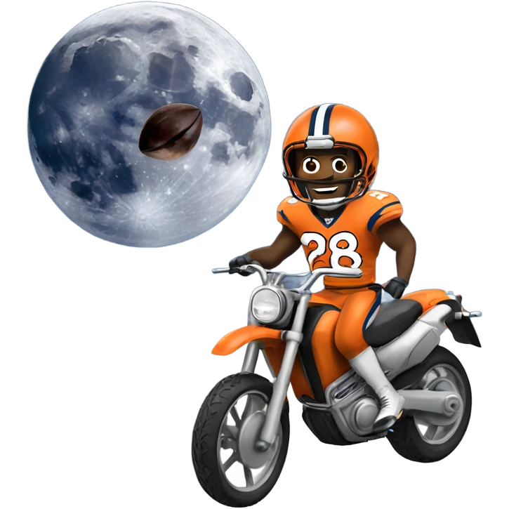 Broncos player holding up Lombardi riding a motorcycle on top of the moon emoji