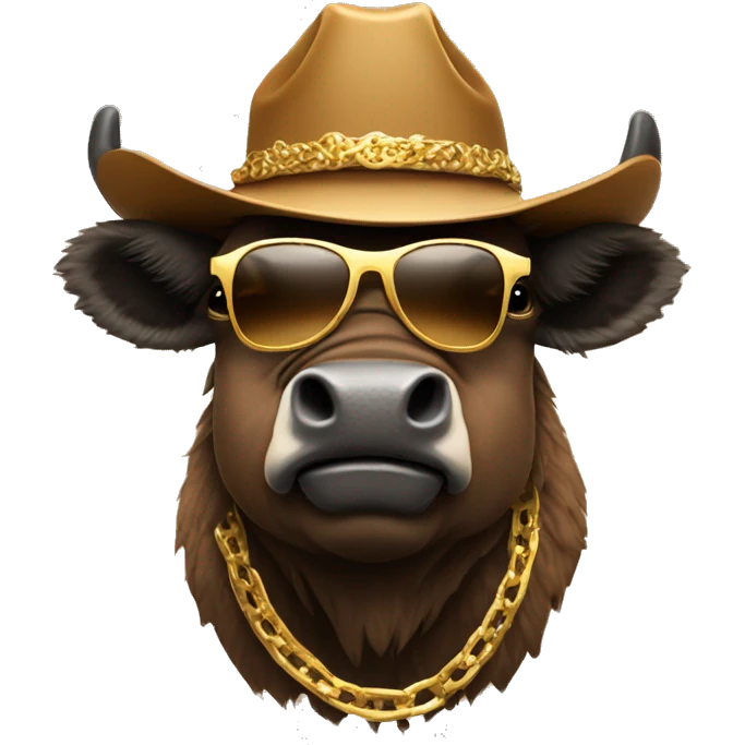 Brown Bison wearing cowboy hat and gold sunglasses and gold chain emoji