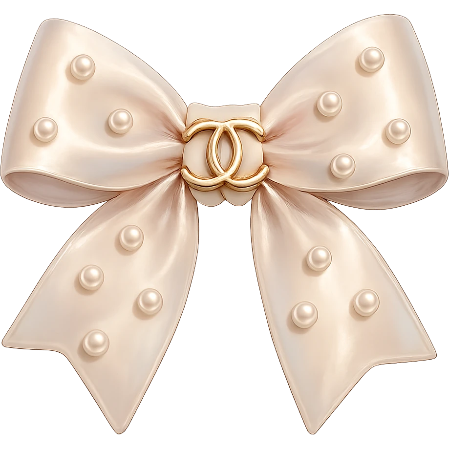 Remove the background, keep only the elegant bow with pearls and gold Chanel logo, glossy, pastel colors, realistic style, with no background. emoji