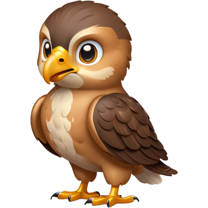 Cinematic Cute Hawk Portrait Emoji, Head tilted playfully and inquisitively, featuring a compact, streamlined form with a delicately curved beak and round, sparkling eyes full of curious charm, Simplified yet irresistibly adorable features, highly detailed, glowing with a warm, inviting glow, high shine, affectionate and lively, stylized with a touch of whimsical aerial grace, soft glowing outline, capturing the essence of a mischievous yet endearing hawk that seems as if it could swoop out of the screen into your heart! emoji