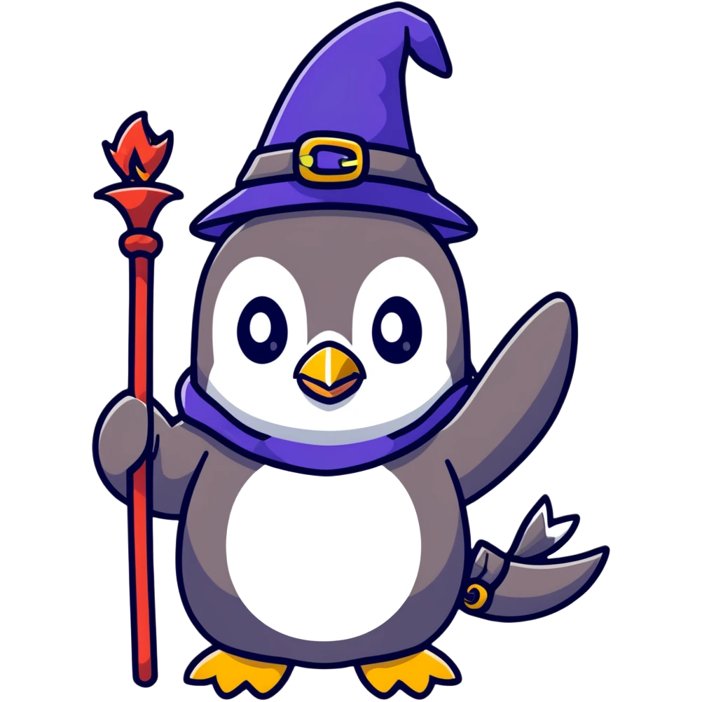 a penguin wizard with a staff and hat next to a small dragon emoji