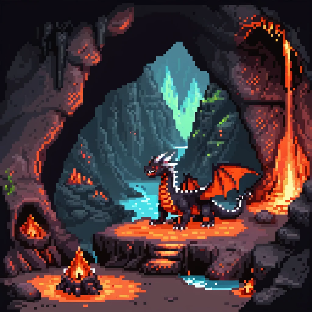 Dragon lair in volcanic cave with lava pools and glowing crystals emoji