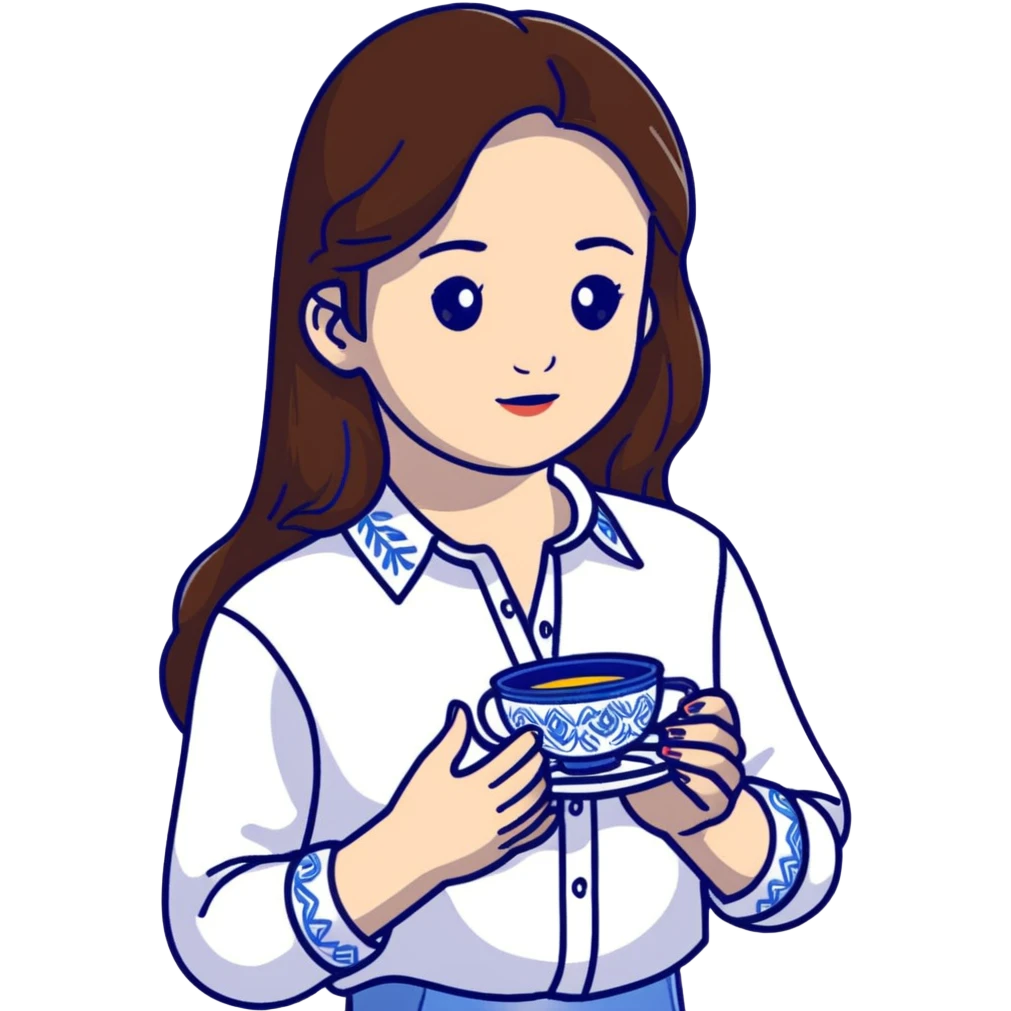 Ukrainian young girl with long brown hair in a white traditional embroidered shirt, cupping a small glowing blue light in her hands representing her soul emoji