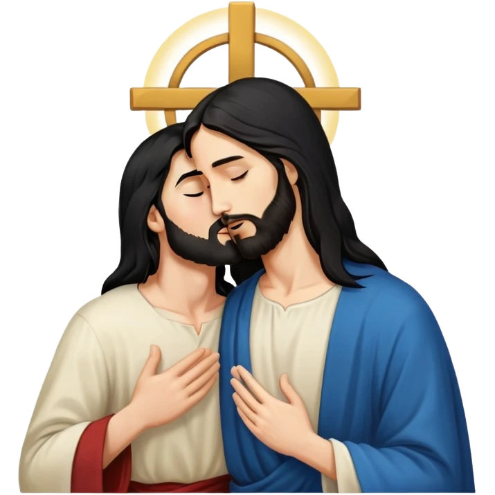 a man with long black hair without moustache and beard kisses jesus christ emoji