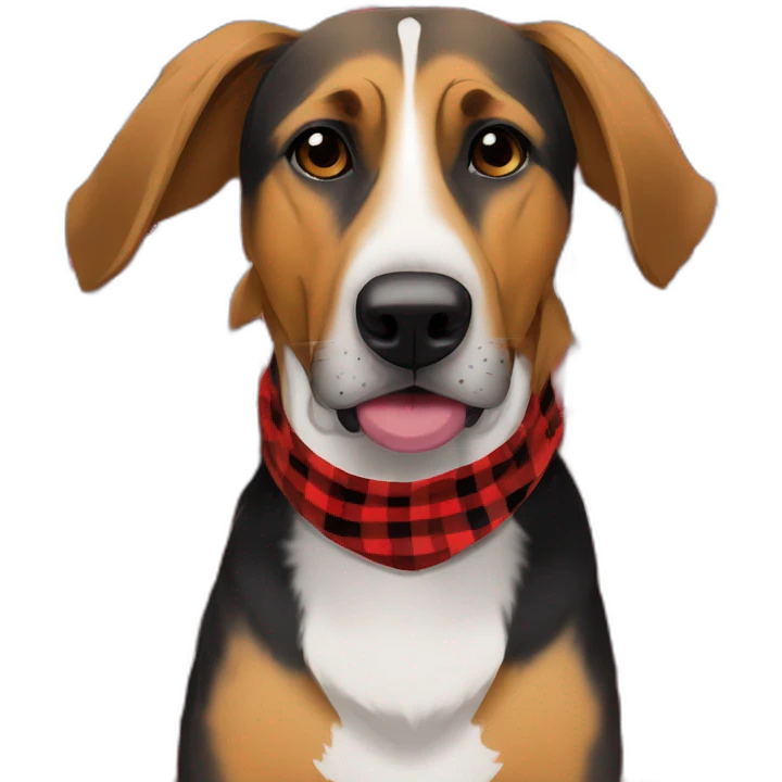 adult 75% Coonhound 25% German Shepherd mix dog wearing small pointed red buffalo plaid bandana emoji