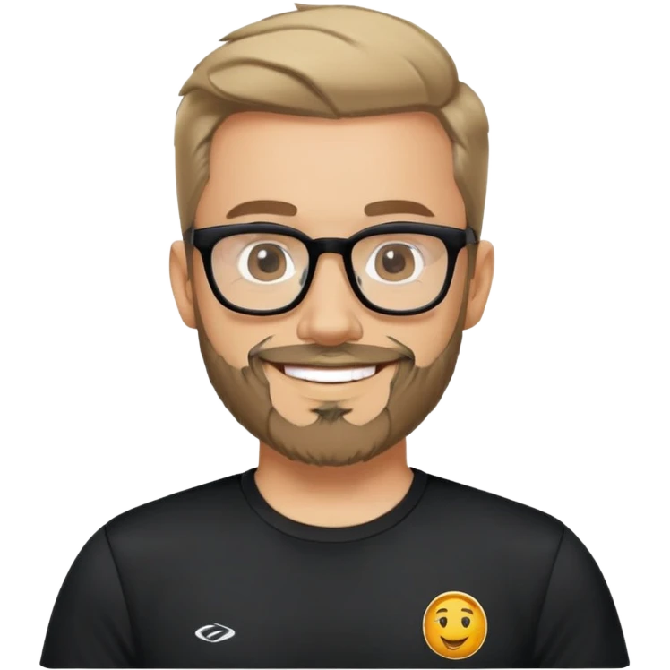 Man with light skin, full facial beard, short upswept hair, large black-framed glasses, smiling face, black sports fabric shirt emoji