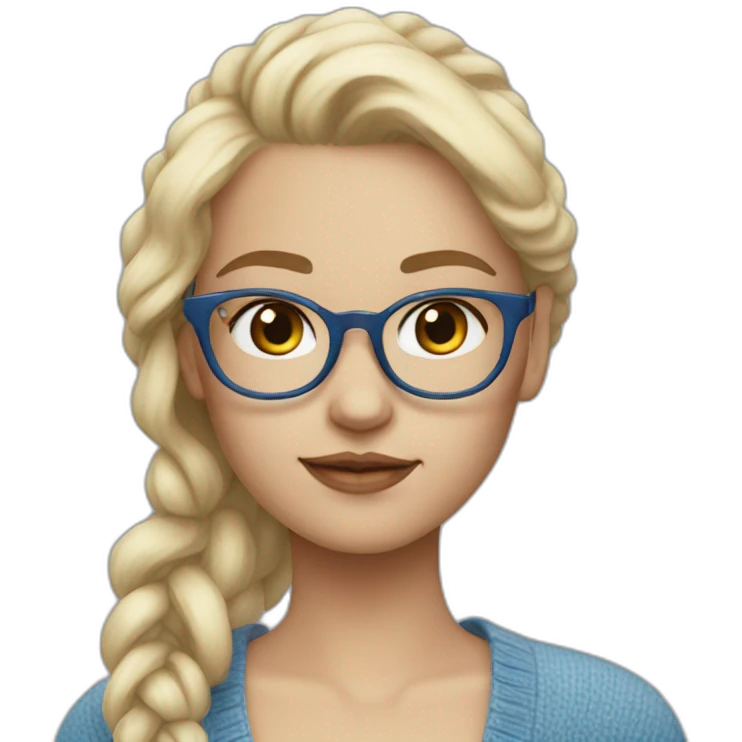 a blonde girl, 23 years old, with  white transparent glasses, very cute, with blue cardigan with clouds emoji