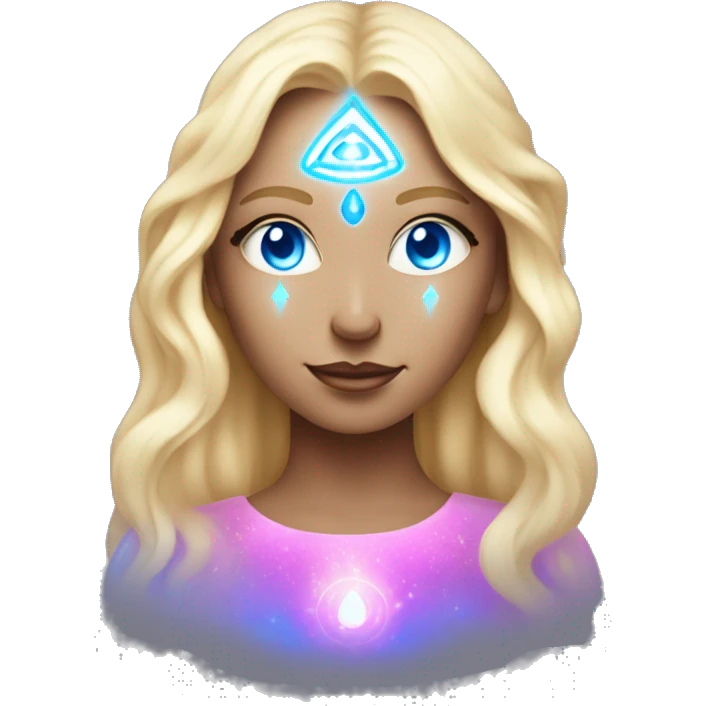 magical diva with thin pink andromedan face long blonde hair and blue eyes glowing third eye emoji