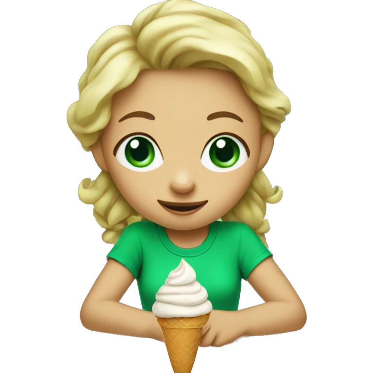 blue eyed girl eating ice cream with a green shirt on emoji