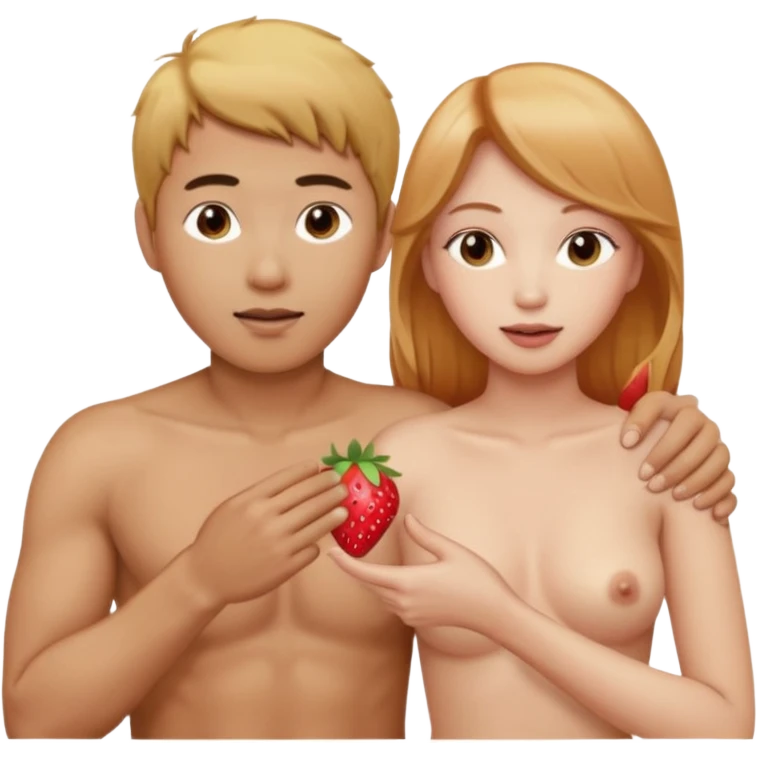 Nude light-skinned Skinned female with  strawberry-blonde hair is touching the penis of tan-skinned asian male emoji