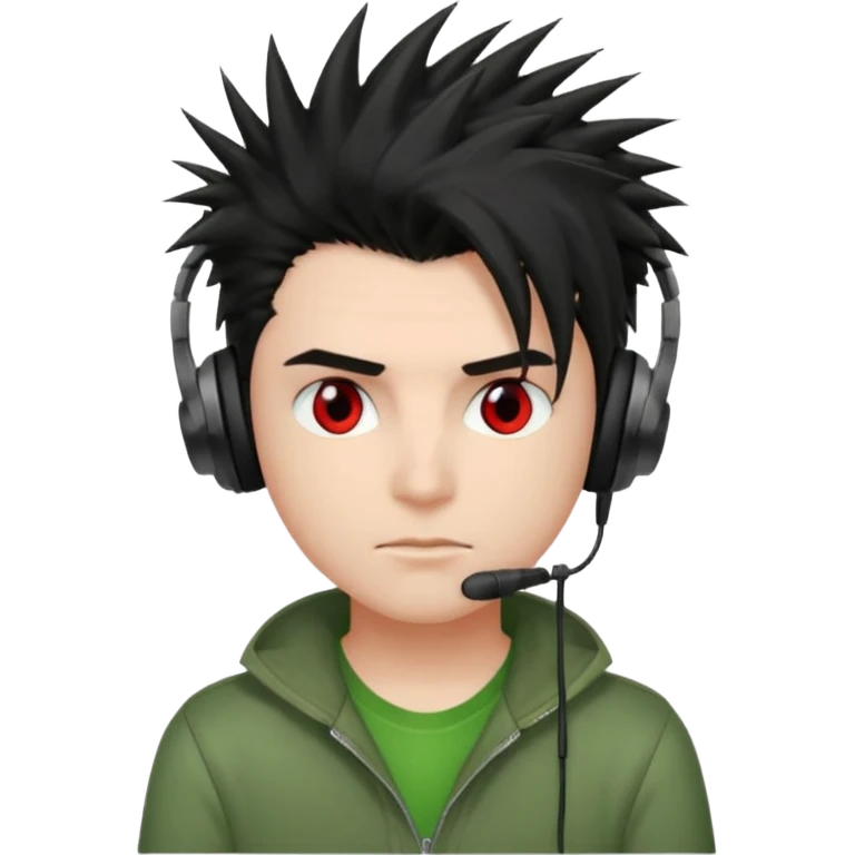 chico pelo medio largo ojos rojos y una camisa verde pelo tipo spike y unos audifonos pelo negro y mas voñuminoso emoji