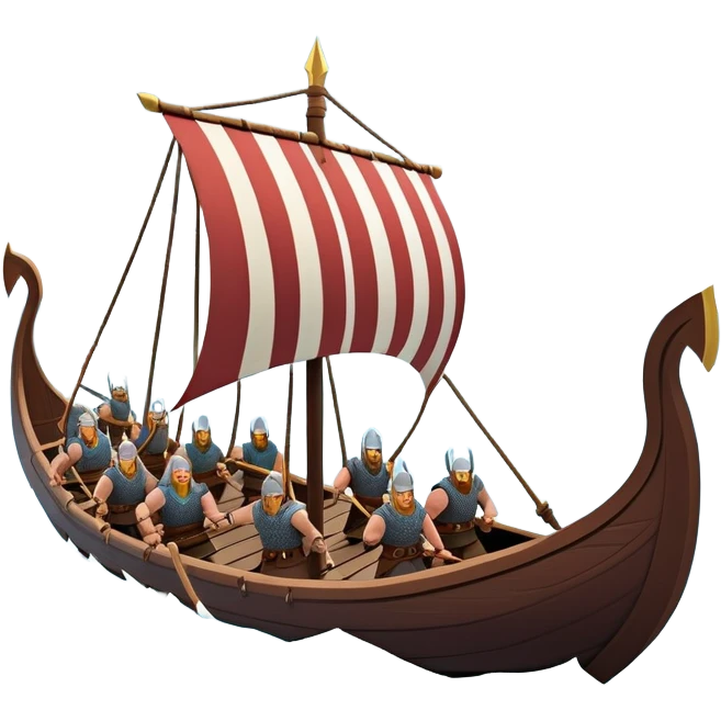 clash-of-clans-aesthetic_-cinematic-viking-longboat, rendered in a flat, bold vector style with minimal shading, featuring a striking dragon-headed prow slicing through icy, churning waters. shields on the side and vikings rowing The longboat’s intricately detailed shields and carved motifs evoke a sense of epic adventure and Nordic might, with billowing sails catching a dramatic, stormy sky backdrop. emoji