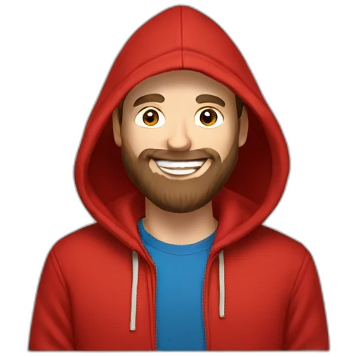 white dude smiling with a brown beard and short brown hair with a red hooded hoodie with "Posh" embroidered on the hoodie emoji